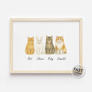 May include: A framed print with four watercolour cat portraits in orange, white, and brown. Each cat is labelled with a name: Rod, Clover, Ruby, and Camelot. The print is in a light wood frame.