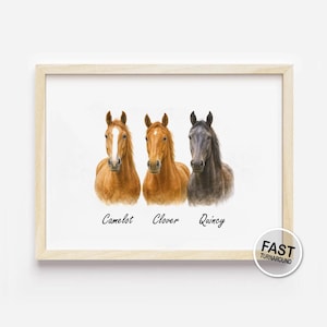 Aangepast aquarelportret paard – Digitale huisdierkunst – Meerdere dieren – Gepersonaliseerde paardenschilderij