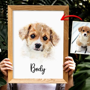 K&ouml;nnte beinhalten: Ein Aquarellbild eines braunen und wei&szlig;en Welpen mit dem Wort "Body" darunter.
