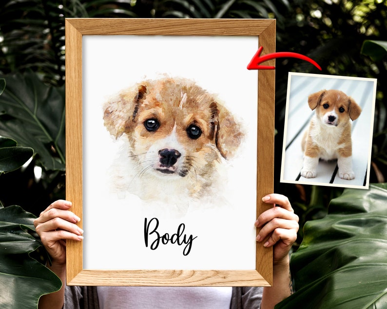 K&ouml;nnte beinhalten: Ein Aquarellbild eines braunen und wei&szlig;en Welpen mit dem Wort "Body" darunter.