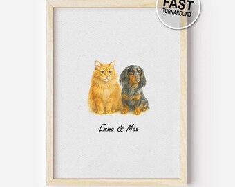 Custom Digital Multi-Pet Portrait – Personalized Watercolor Pet Illustration, Made-to-Order Digital Commission for Any Pet Combination