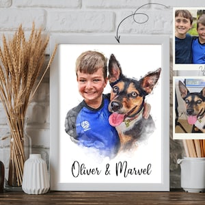 Original Pet and Owner painting from Photo, Personalized Pet and Owner Portrait, Custom Pet Art Print Portrait, Pet Lover, Human & Pet Print