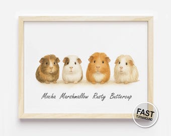 Retrato de conejillo de indias en acuarela personalizado: obra de arte personalizada para cuatro mascotas para amantes de los animales