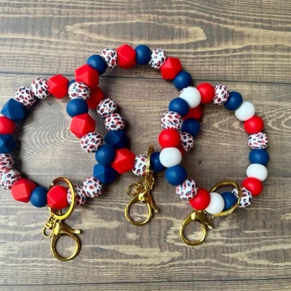 Red, White, and Blue Leopard Print Silicone Bead Keychain Wristlet