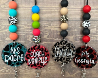 Personalized Animal Print Glitter Lanyard (Cow or Leopard/Choose your glitter and bead colors!)