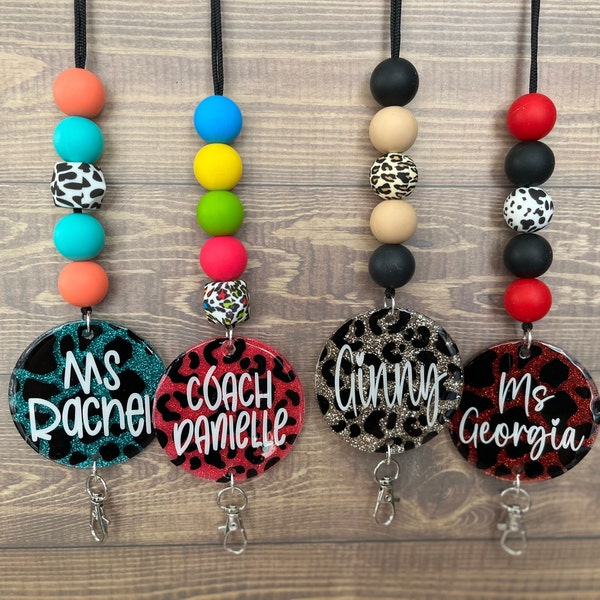 Personalized Animal Print Glitter Lanyard (Cow or Leopard/Choose your glitter and bead colors!)