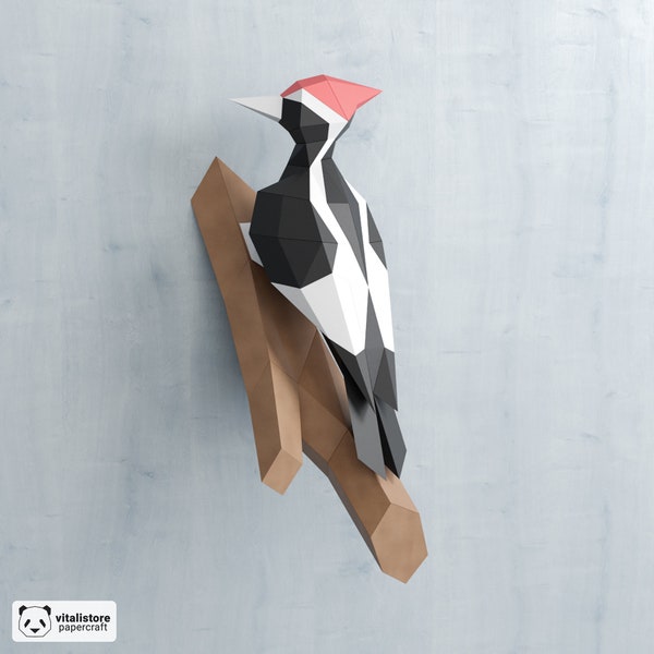 Oiseau DIY Papercraft, Sculpture de pic Low Poly Paper Craft, Cadeau de bricolage Origami 3D, Sculpture en papier 3D, Art mural de pic, Modèle PDF