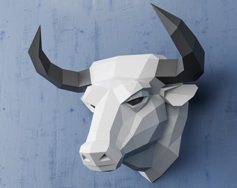 3D Stier Papiermodell, Kuh 3D Papiermodell, DIY Geschenk, 3D Papiermodell Stier, Low Poly Papiermodell, 3D Papierskulptur, 3D Origami, Stier Trophäe, PDF Kit