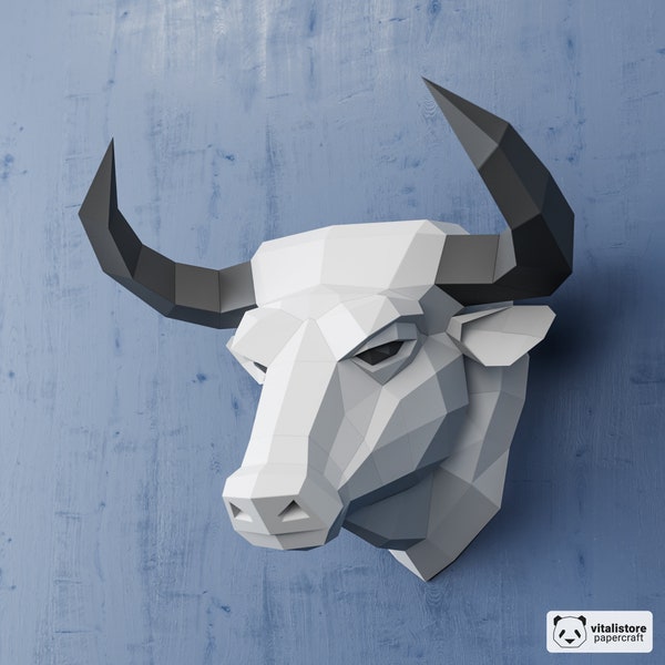 3D Stier Papiermodell, Kuh 3D Papiermodell, DIY Geschenk, 3D Papiermodell Stier, Low Poly Papiermodell, 3D Papierskulptur, 3D Origami, Stier Trophäe, PDF Kit