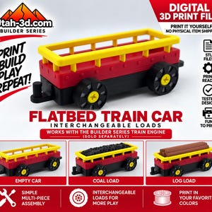 May include: A red and black flatbed train car with a yellow railing and yellow wheel centers. The image includes text such as DIGITAL 3D PRINT FILE, PRINT BUILD PLAY REPEAT, and FLATBED TRAIN CAR, showing empty, coal, and log load configurations.