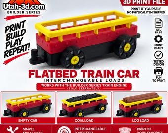 3D Printable Flatbed Train Car STL with Coal & Log Loads | Buildable Toy Train | Builder Series Digital 3D Print Files