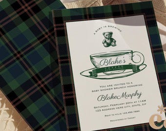 Plaid Baby Shower Invitation: Coffee Theme, Polo Bear (Digital Invite)