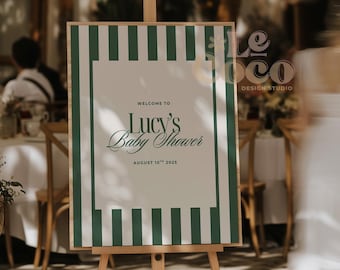 Green Stripe Baby Shower Welcome Sign: Vintage Classic Template (Digital Download)
