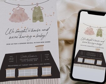 Housewarming Gender Reveal Invitation Template: Watercolor Clothesline (Digital)
