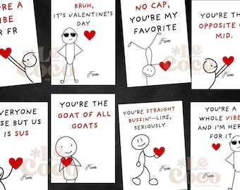 Slang Kids Valentine's Day Cards, Funny Printable Kids Valentine, Tween Valentines, Teen Boys Valentines, Middle Schooler, Gen Z, Gen Alpha