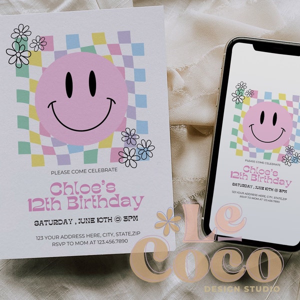 Checkered Smiley Face Birthday Party Invitation, Retro Groovy Party Invitation, Teen Party Invitation, Any Age Party Invitation, Girl Invite