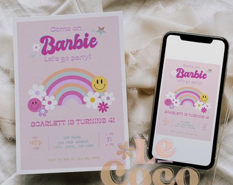 Invitación de fiesta de cumpleaños de muñeca RETRO Barb, invitación de fiesta de niñas de muñeca editable, DollParty imprimible, invitación de cumpleaños de muñeca, invitación de cumpleaños de niñas