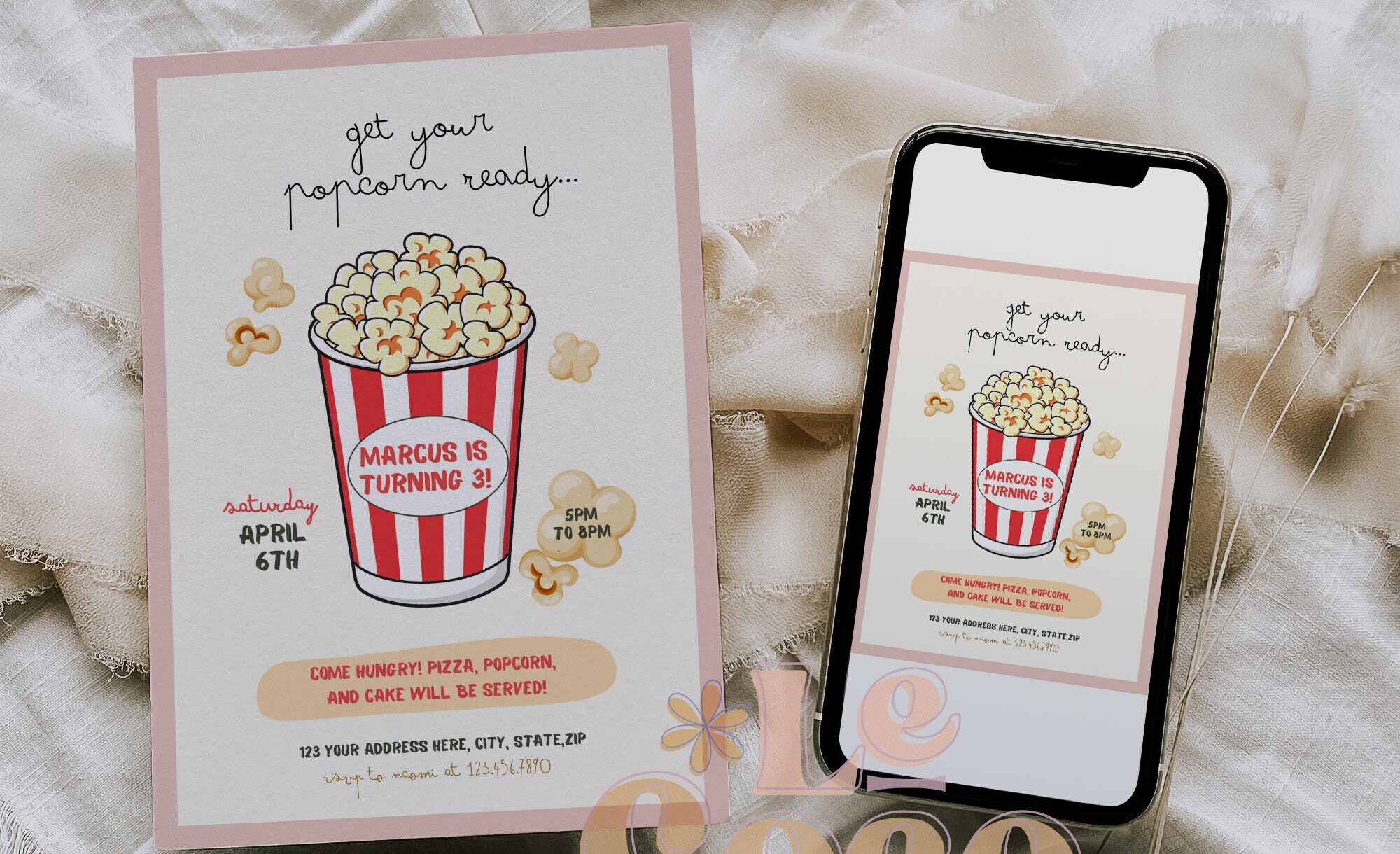 Popcorn Movie Birthday Party Invitation Template, Editable Minimal ...