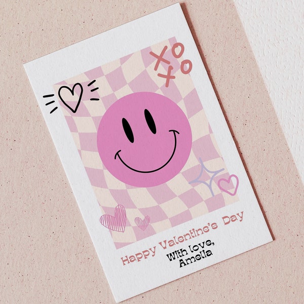 Smiley Face Valentines Day Favor Tag, Editable Valentines Day Card Tag, Retro Smiley Party Favor, Gift Favor Tag, Valentines Day Favor Card