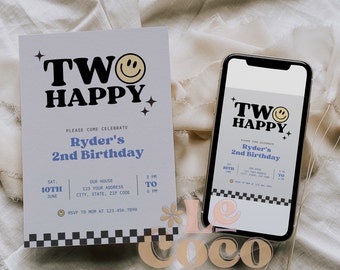 Two Happy Birthday Invitation: Retro Smiley Face Party (Digital)