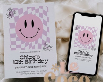 Checkered Smiley Face Birthday Invitation: Retro Groovy Party (Digital)