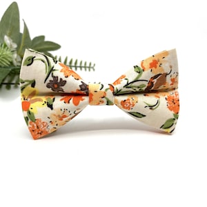 Floral Orange Bow Tie: Ivory Wedding Groomsmen Bowtie