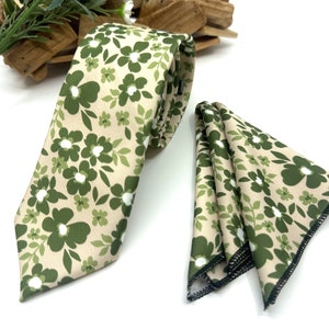 Olive Green Floral Necktie: Beige Ties Wedding Groom Tie
