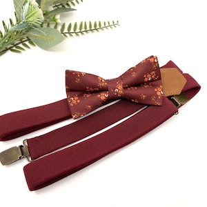 Burgundy Floral Bow Tie and Suspenders Set: Ring Bearer Outfit