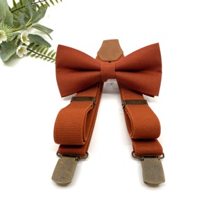 Conjunto de tirantes color naranja quemado, pajarita color naranja quemado, pajarita de boda, pajarita de novio, portador de anillos, pajarita para hombres, bebés, niños, niños