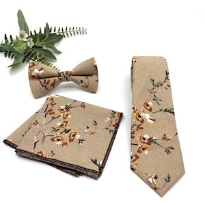 Pale Brown Floral Necktie: Wedding Groom Tie, Bow Tie Set