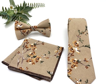 Pale Brown Floral Necktie, Pale Brown Tie, Groom neckties, Wedding tie, Same Matching, Pocket Square Handkerchief Option, Bow Tie Set