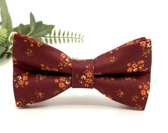 Burgundy Floral Bow Tie: Handmade Wedding Groomsmen Bowtie