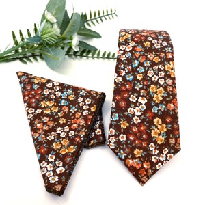 Burnt Orange Floral Necktie: Mens Wedding Groom Groomsman Tie