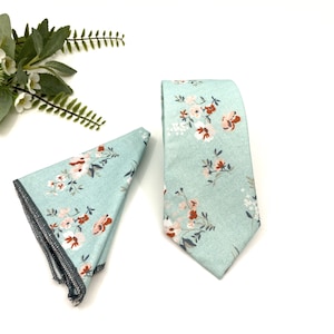 Sage Green Floral Necktie: Burnt Orange Flower Wedding Tie