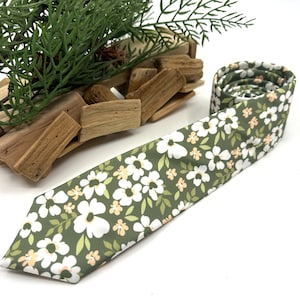 Olive Green Floral Necktie: Wedding Groomsmen Tie