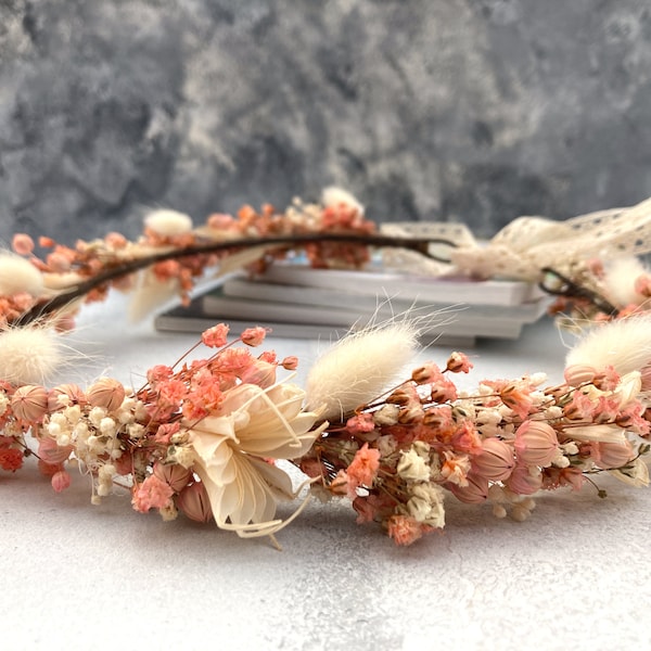 Couronne de fleurs séchées beige, couronne de vraies fleurs sèches rose poudré, couronne de mariée, couronne de fille de fleur, couronne de fleurs pour enfant, ensemble de boutonnières,