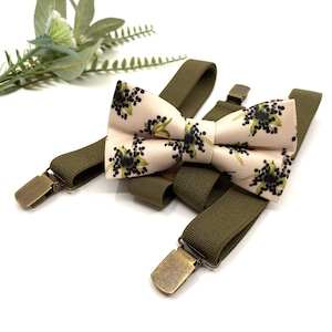 Ivory Floral Bow Tie & Olive green suspenders, Wedding bow tie, Ring bearer outfit, Groomsmen suspenders, Bow ties for Men, Baby boy