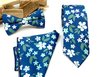 Navy Blue Floral Necktie: Slim Wedding Tie, Groom Gift
