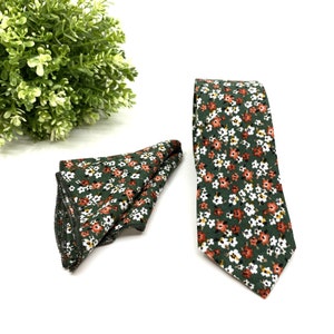 Floral Wedding Tie: Olive Green & Burnt Orange, Groomsmen Gift