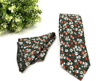 Olive Green Floral Tie, Burnt Orange Floral Tie, Wedding Floral Ties, Groomsmen Floral Tie, Groom Gift Tie, Wedding Tie, Pocket Square
