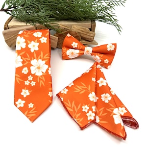 Orange Floral Necktie: White Flower Wedding Groom Tie