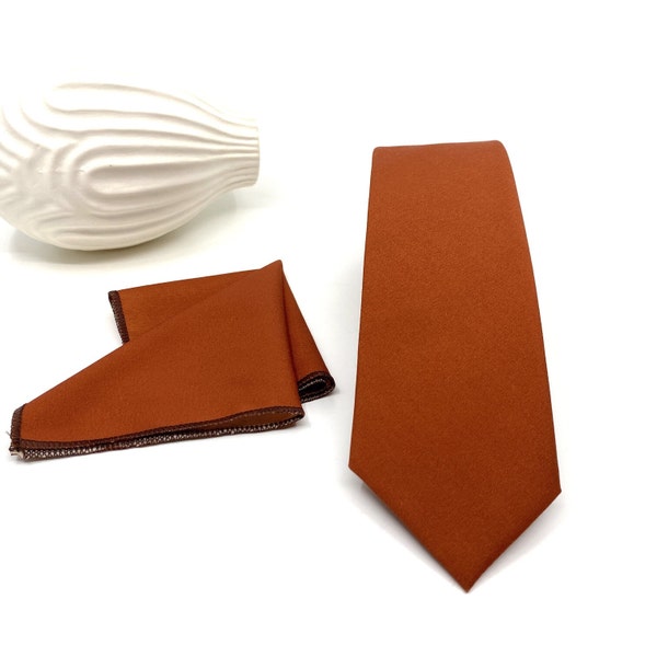 Burnt Orange Necktie, Burnt Orange Tie, Groom neckties, Wedding tie, Same Matching, Pocket Square Handkerchief Option, Pocket Square Set