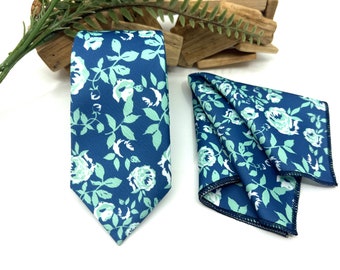 Navy Blue Floral Necktie: Sage Green Wedding Groom Groomsman Tie