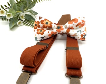 Burnt Orange Suspenders Set, Burnt Orange Floral bow tie, Wedding bow tie, Groom bow tie, Ring bearer, Bow Tie for men, baby, boy, kids