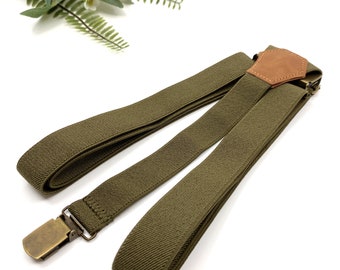 Olive Green Elastic Suspenders: Groomsmen, Ring Bearer, Wedding
