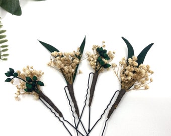 White & Green leaf hairpin, Pack Flower Clip, flower hairpin, set dry flower hairpin, bridal hairpin, bridesmaid hairpin