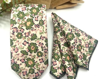 Ensemble cravate et pochette à motif floral vert, imprimé botanique style Liberty