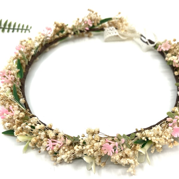 Pink & green flower crown, Dry flower crown, wildflower crown, Rustic head wreath, Yellow flower wreath, Baby shower, girl crown,flower girl