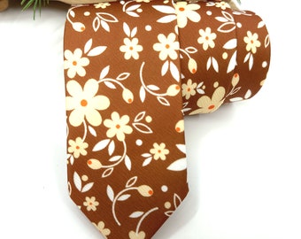 Terracotta Floral Necktie: Ivory Wedding Tie, Groomsmen Gift