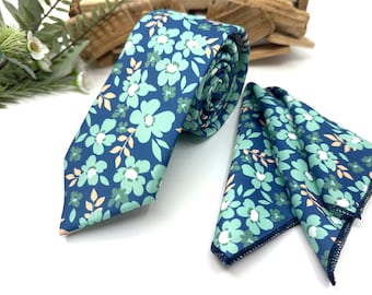 Dusty Sage Green Floral Tie: Navy Blue Wedding Necktie
